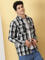 Thomas Scott Men Black Classic Tartan Checked Spread Collar Long Sleeves Shirt