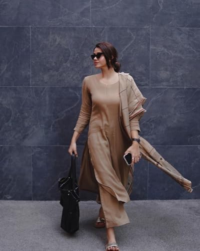 ANNI DESIGNER Womens Rayon Blend Straight Solid Kurta with Pant & Dupatta (Raja Saab Beige_4XL_Beige_XXXX-Large)