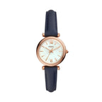 Fossil Women's Carlie Mini Quartz Stainless Steel and Leather Three-Hand Watch, Color: Rose Gold, Navy (Model: ES4502)