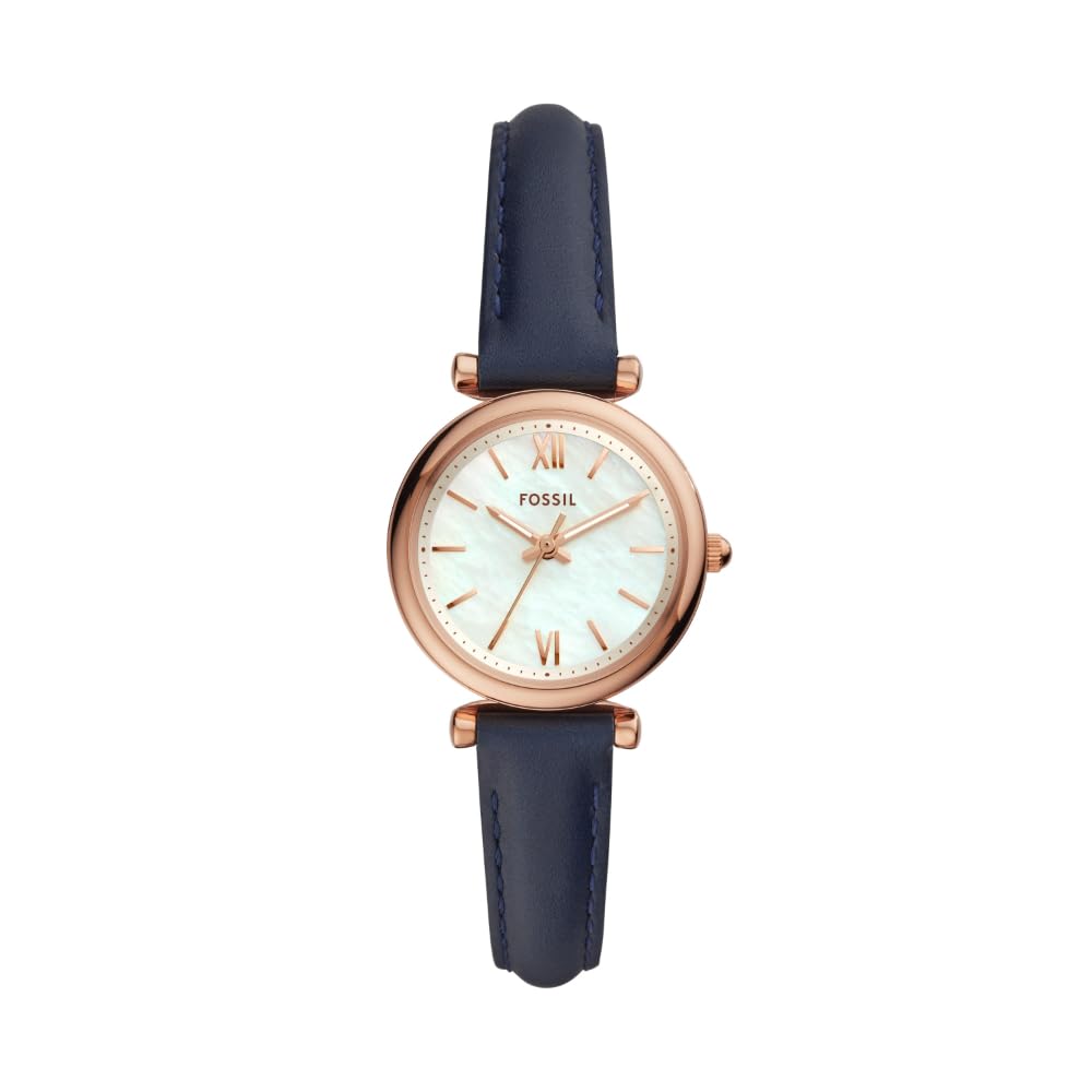 Fossil Women's Carlie Mini Quartz Stainless Steel and Leather Three-Hand Watch, Color: Rose Gold, Navy (Model: ES4502)