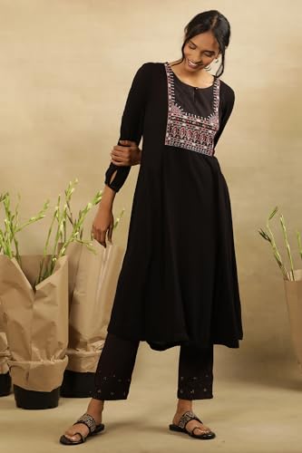 Folksong By W Women Black Festive Solid Viscose A-Line Kurta