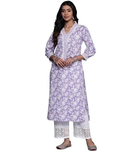 Varanga Women Floral Printed V-Neck With Lace Detail Kurta Lavender