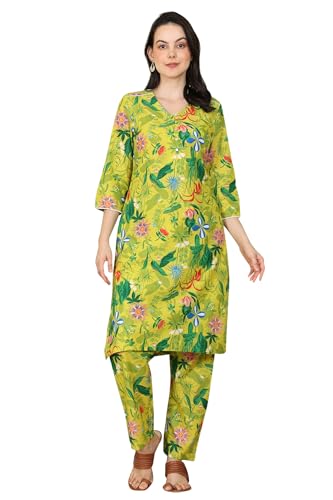 W For Woman Green Floral Printed Pure Cotton Straight Kurta And Pants Co-Ord Set_24Austws12092-122390_Xs