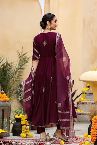 ANNI DESIGNER Womens Cotton Blend Printed Anarkali Kurta with Pant & Dupatta (Berlin Wine_5XL_Wine_XXXXX-Large)