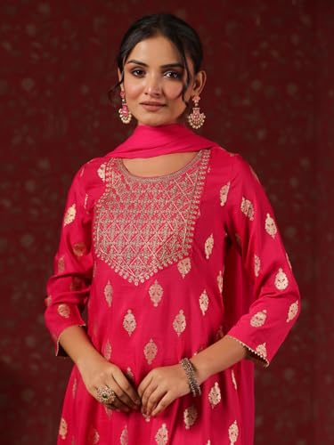 Ishin WomenS Magenta Foil Print Zari Work A-Line Kurta Suit Set With Trousers & Dupatta