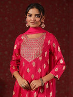 Ishin WomenS Magenta Foil Print Zari Work A-Line Kurta Suit Set With Trousers & Dupatta