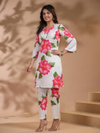 ANNI DESIGNER Womens Rayon Blend Straight Printed Kurta with Pant (Lace Cream Co-ord-BV_M_White_Medium)