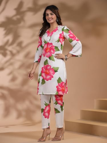 ANNI DESIGNER Womens Rayon Blend Straight Printed Kurta with Pant (Lace Cream Co-ord-BV_M_White_Medium)