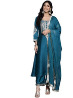 Varanga Women'S Turquoise Blue Heavy Zari Embroidered Kurta With Bottom And Dupatta