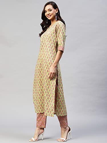 ANNI DESIGNER Womens Cotton Blend Straight Floral Printed Kurta and Pant (Padwil Green-SM_S_ Green_Small)