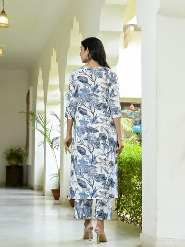 ANNI DESIGNER Womens Cotton Blend Straight Printed Kurta with Palazzo (Chinki White_M_White_Medium)