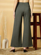 OOMPH! High Waist Trousers for Women  Flared Korean Style Formal Pants | Elegant Workwear for Office, College & Events Olive Gre
