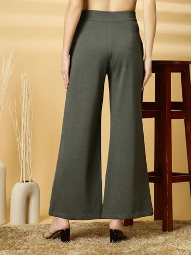 OOMPH! High Waist Trousers for Women  Flared Korean Style Formal Pants | Elegant Workwear for Office, College & Events Olive Gre