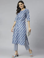 ANNI DESIGNER Womens Cotton Blend Straight Printed Kurta with Pant (Funnu Blue New_L_Blue_Large)