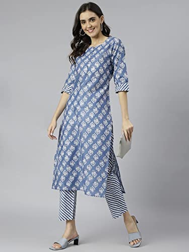 ANNI DESIGNER Womens Cotton Blend Straight Printed Kurta with Pant (Funnu Blue New_L_Blue_Large)