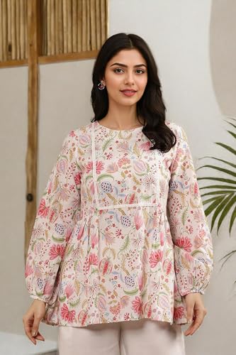 W Ecru Floral Printed Cotton Top And Pant For Women