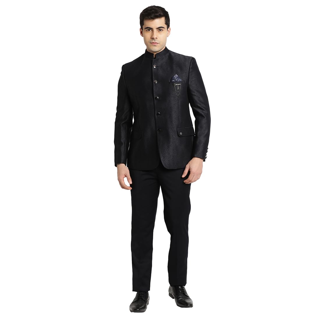 Turtle Men Poly Viscose Mandarin Collar Tailored Fit Black 2 Piece Party Suits