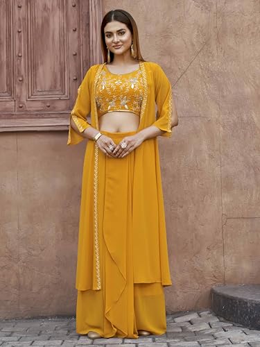 Womanista Womens Georgette Solid Straight Embroidered Kurta Set (Kurtaset_1386_Yellow