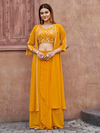 Womanista Womens Georgette Solid Straight Embroidered Kurta Set (Kurtaset_1386_Yellow