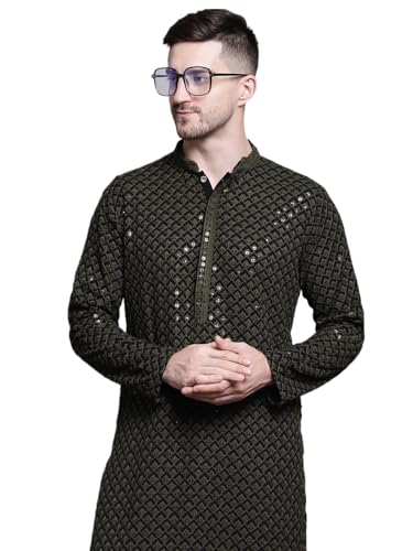 Jompers Mens Sequin Embroidered Pure Cotton Kurtas (Mehndi, S)