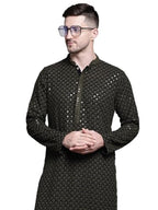 Jompers Mens Sequin Embroidered Pure Cotton Kurtas (Mehndi, S)
