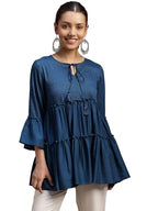 Libas Womens Self Design Silk Blend A-Line Kurti For Women Blue