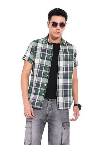 The Indian Garage Co Mens Slim Fit Checkered Cutaway Collar Half Sleeves Shirt