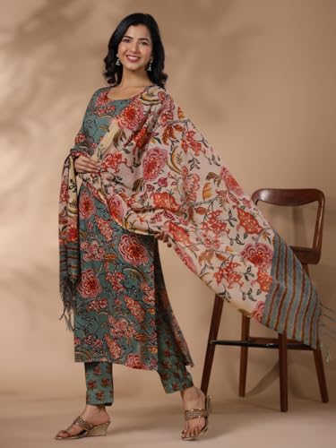 ANNI DESIGNER Womens Rayon Blend Printed Straight Kurta with Pant & Dupatta (FTA Green-NB_M_Green_Medium)