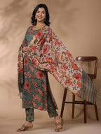ANNI DESIGNER Womens Rayon Blend Printed Straight Kurta with Pant & Dupatta (FTA Green-NB_S_Green_Small)