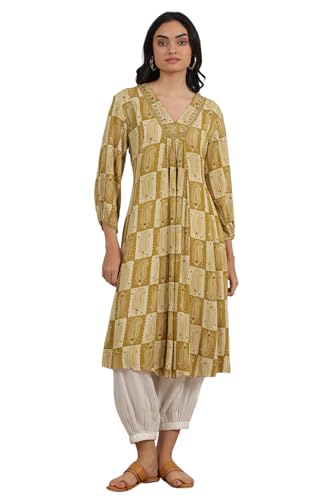 W For Woman Green Paisley Printed Cotton Crepe Gathered Kurta With Mirror Embroidery (Size: L)-W12178-124725