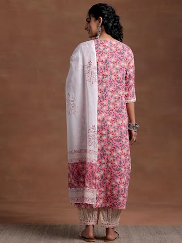 Libas Blue Printed Cotton Straight Kurta With Salwar & Dupatta
