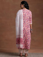Libas Blue Printed Cotton Straight Kurta With Salwar & Dupatta