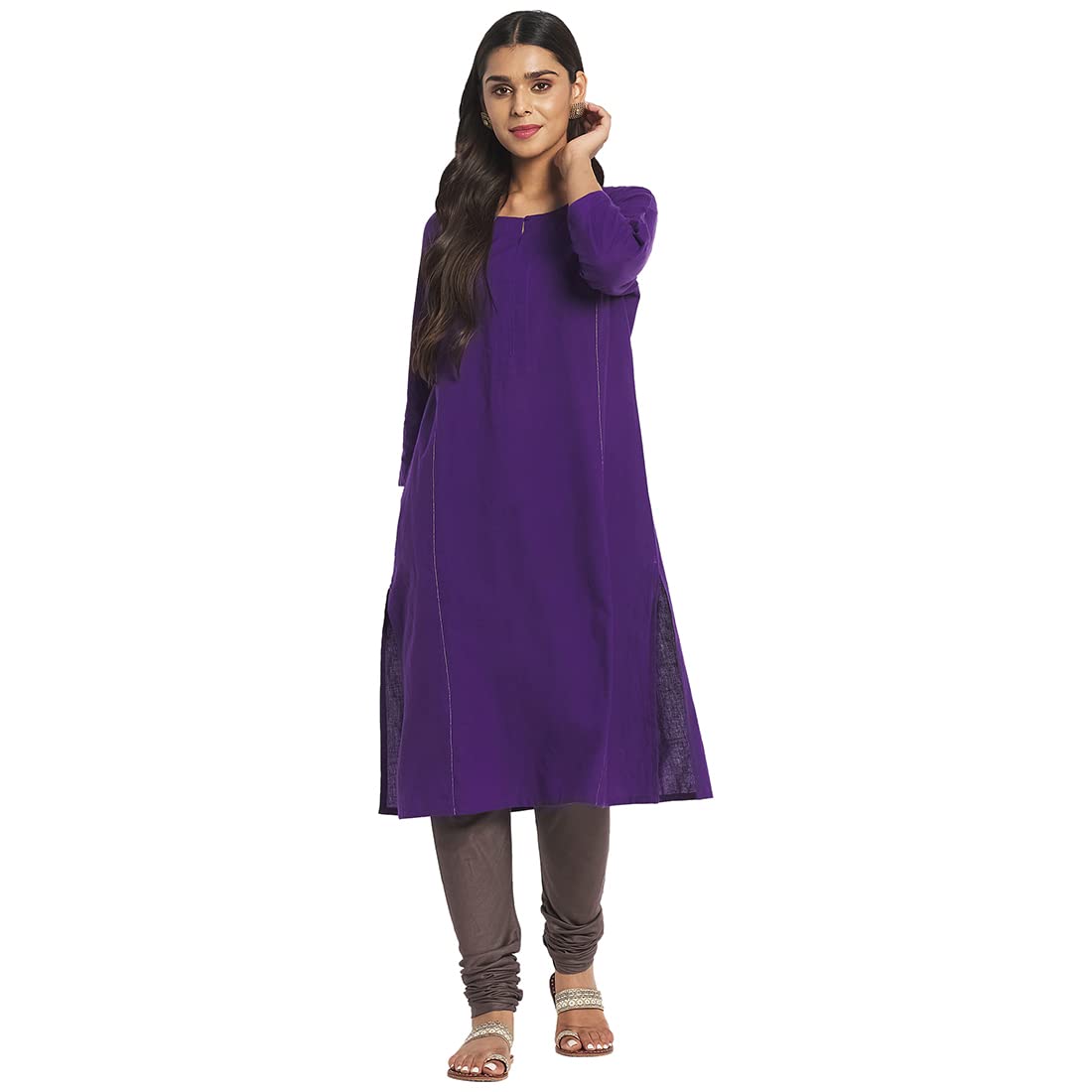 Fabindia Women Cotton Round Neck Knee Length Kurta Purple_M
