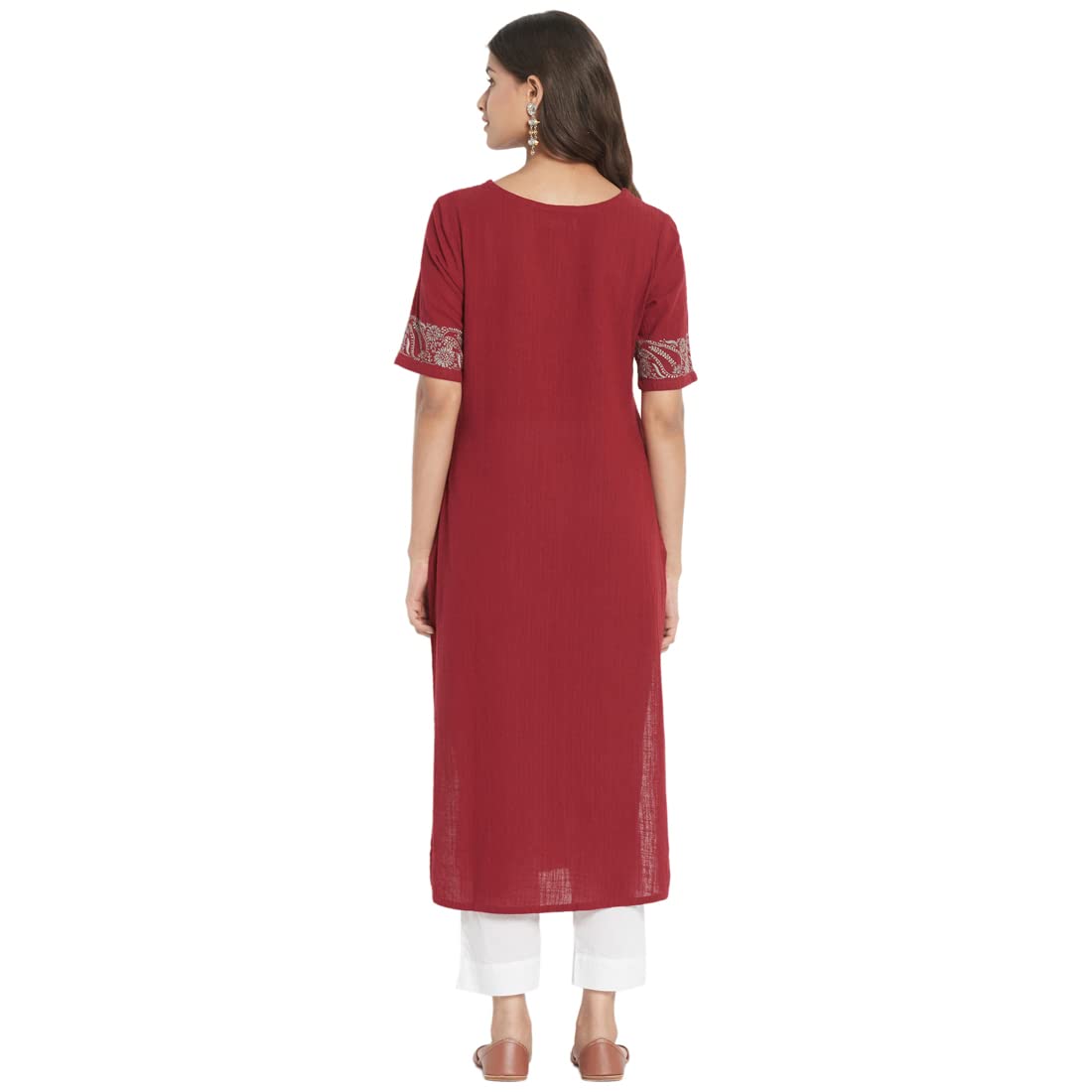 Fabindia Women Embroidered V-Neck Cotton Long Kurta Chikankari_Maroon