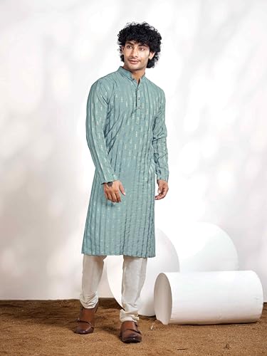Vardha MenS Viscose Woven Jacquard Stitched Kurta, Blue Linear Striped & Diamond Jacquard Kurtas For Men, Mandarin Collar, Anti