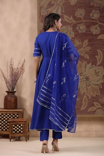 ANNI DESIGNER Womens Rayon Blend Anarkali Solid Kurta with Pant & Dupatta (NIRMOOHA Royal Blue_L_Blue_Large)