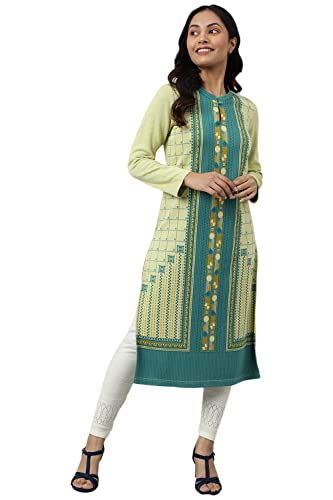 Aurelia Women Pale Banana Cotton Blend Geometric Yarn Dyed Straight Kurta_22NOA13722-703620_M Yellow