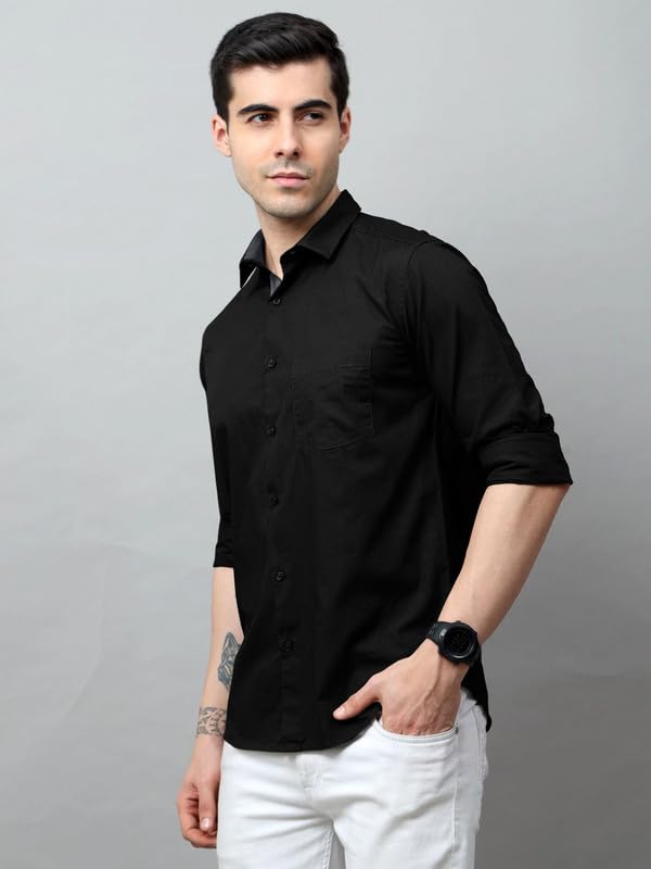 Tee Projekt Cotton Shirt for Men Ll Front Pocket Shirt Ll Stylish Long Sleeve Shirt Ll Soild Regular Fit (Pack of 2) Black-White