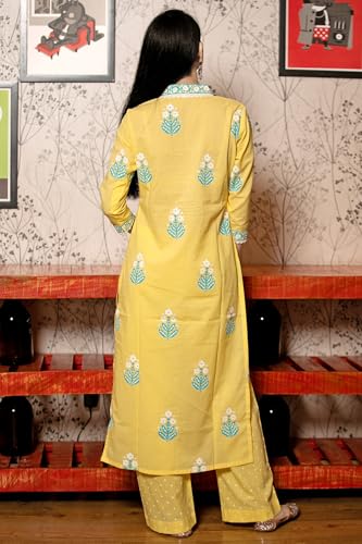 ANNI DESIGNER Womens Cotton Blend Straight Hand Block Printed Kurta with Pant & Dupatta (Belagavi Mustard_XXL_Mustard_XX-Large)