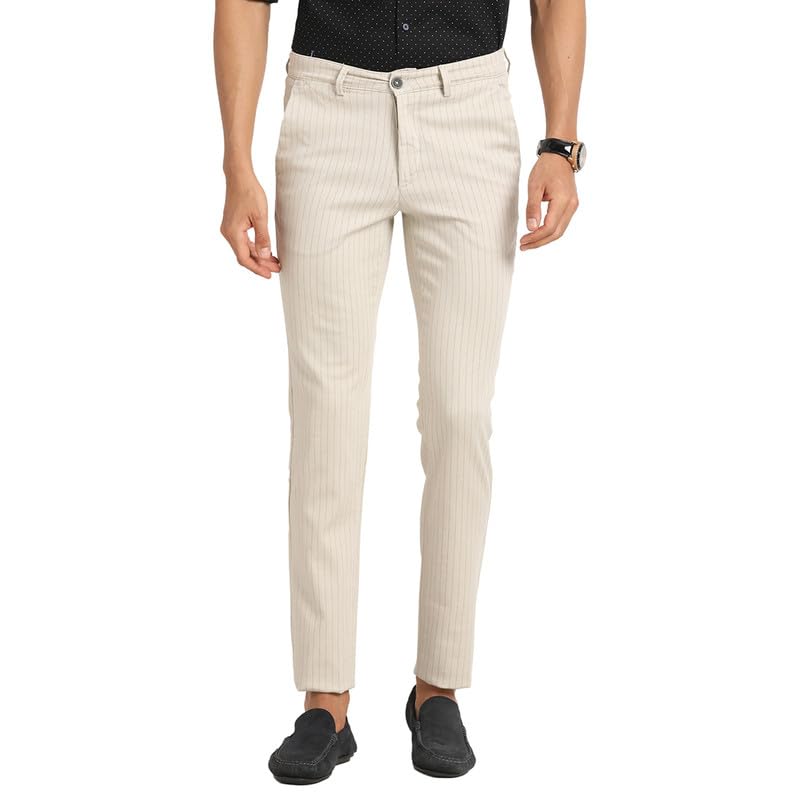 Turtle Men Cotton Stretch Beige Self Design Narrow Fit Casual Trouser