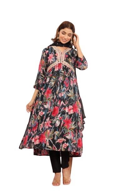 Varanga Women Black Floral Printed Embroidered V-Neck Alia Cut Kurta Paired With Tonal Dupatta