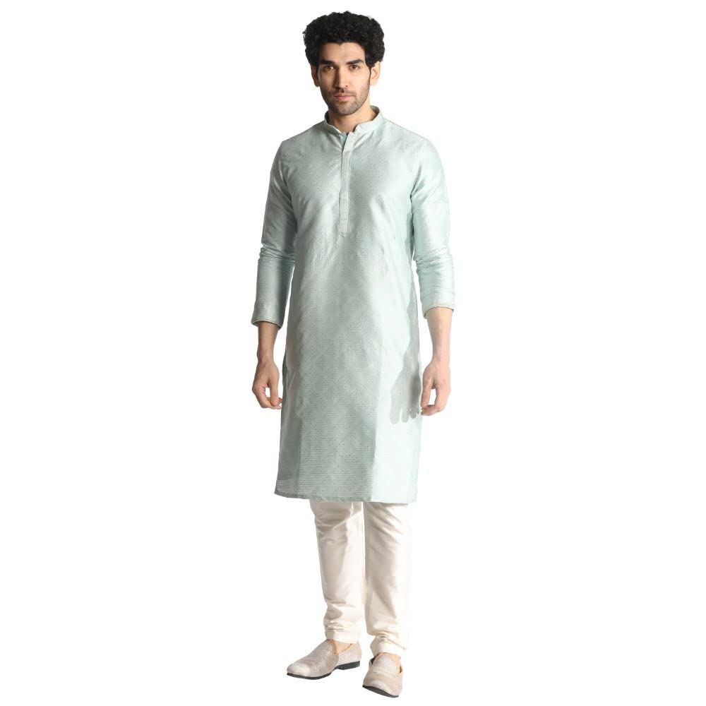 Manyavar Kurta Set For Men, Full Sleeves Mandarin Collar Ethnic Kurta Sets For Engagement, Wedding, Party Kurta Set Art Silk (Bl
