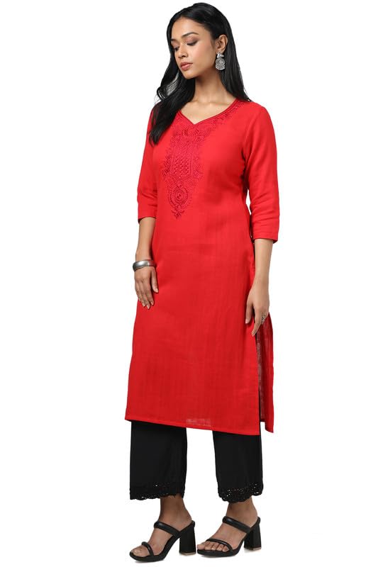 Soch Womens Red Cotton Embroidered Kurta With Thread Work