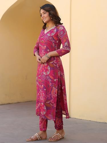 ANNI DESIGNER Womens Rayon Blend Straight Printed Kurta with Pant (Jijaji Pink_S_Pink_Small)