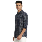 Turtle Men Cord Dark Blue Checkered Slim Fit Full Sleeve Casual Shirt