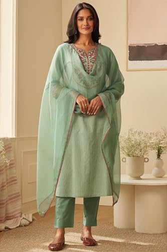 ANNI DESIGNER Womens Cotton Blend Embroidered Straight Kurta with Pant & Dupatta (FARIGUP-Green_5XL_Green_XXXXX-Large)
