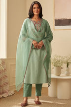 ANNI DESIGNER Womens Cotton Blend Embroidered Straight Kurta with Pant & Dupatta (FARIGUP-Green_5XL_Green_XXXXX-Large)