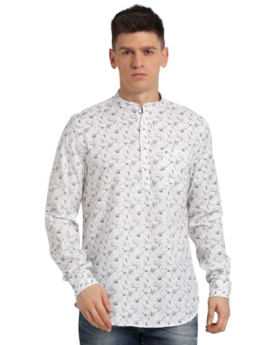 Turtle Men 100% Cotton Slim Fit Off White Printed Kurta Shirt