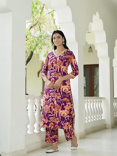 ANNI DESIGNER Womens Cotton Blend Straight Printed Kurta with Palazzo (Chinki Begani_L_Begani_Large)