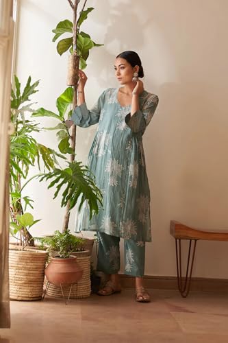 ANNI DESIGNER Womens Rayon Viscose Straight Printed Kurta with Pant (Robin Pista_L_Pista_Large)
